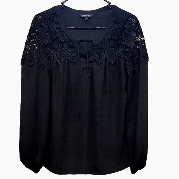 Express Tops - Express Black Blouse with Lacey Shoulders - Size Small